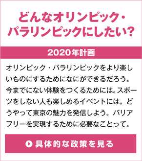 
「2020年計画」
どんなオリンピック・パラリンピックにしたい？
オリンピック・パラリンピックをより楽しいものにするためになにができるだろう。
今までにない体験をつくるためには。スポーツをしない人も楽しめるイベントには。
どうやって東京の魅力を発信しよう。バリアフリーを実現するために必要なことって。